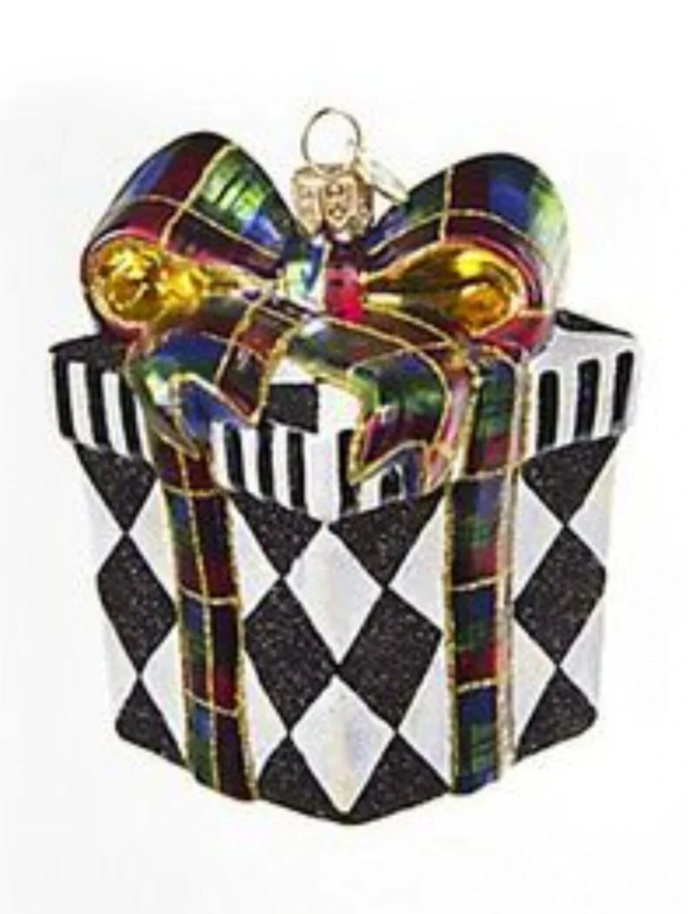 Mackenzie Childs Glass Harlequin Present With Tartan Ribbon Bow Ornament